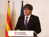 El expresidente de la Generalitat, Carles Puigdemont, durante una comparecencia en la Casa de la Generalitat de Perpinyà.