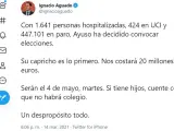 El tweet de Ignacio Aguado sobre la decisión de Ayuso de convocar elecciones.