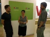 Los co-coordinadores nacionales de ICV, David Cid y Marta Ribas, y el portavoz Ernest Urtasun hablan en la sede de ICV el 6 de julio de 2019.