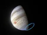 Impresión artística de los vientos en la estratosfera de Júpiter cerca del polo sur del planeta.