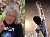 Brian May y el cartel de 'We Will Rock You'.