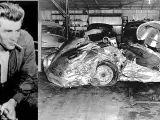 El actor James Dean y el estado en el que quedó el coche con el que perdió la vida.