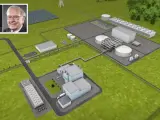 Representación de la planta del reactor 'Natrium' y de sus impulsores, Bill Gates y Warren Buffett.
