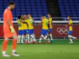 Los jugadores brasileños celebran el 1-0 ante España.