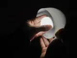 Un hombre cambia la bombilla de una lámpara en Madrid (España). Luz, electricidad