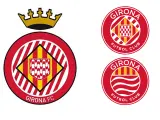 A la izquierda, escudo actual del Girona; a la derecha, las dos opciones a votar