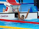 Teresa Perales celebra su plata en los 50 metros espalda clase S5 en Tokio 2020