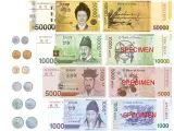 Monedas y billetes del won surcoreano en uso.