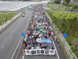 Manifestantes piden el cierre de Ence en Pontevedra el pasado julio.