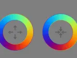 Imagen de la ilusión óptica de dos círculos multicolores con flechas.