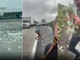 Varias personas recogen dinero que ha caído de un camión blindado en una carretera de California (EE UU).