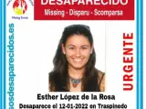 La Asociación SOS Desaparecidos compartía este lunes un cartel alertando de la desaparición de Esther López de la Rosa, una joven de 35 años de la que no se tienen noticias desde el pasado miércoles 12 de enero. A la mujer se la vio por última vez en Traspinedo, un pequeño municipio de la provincia de Valladolid.