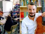 El profesor Juan González, en clase utilizando la música de forma pedagógica, y en su foto de perfil de Twitter.