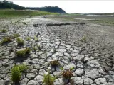 Tierra agrietada y seca en el embalse de Camanche de California (EE.UU.)