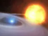 Concepción artística de un sistema estelar donde una enana blanca (izquierda) roba gas a su estrella compañera/ M.Kornmesser (ESO).
