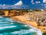 Panorama view of Praia do Tonel (Tonel beach) in Cape Sagres, Algarve, Portugal. Praia Do Tonel, beach located in Alentejo, Portugal. Ocean waves on Praia Do Tonel beach. View from Sagres fortress.