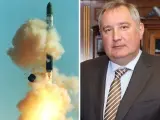 Combo de fotos de un misil intercontinental Sarmat y Dmitry Rogozin.