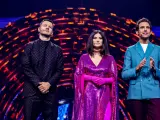 Los músicos Laura Pausini, Mika y el 'showman' Alessandro Cattelan.