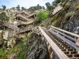 Arouca, Portugal - April 28, 2019: Staircase of the Paiva Walkways meandering through the rocky slope, near Arouca in Portugal.