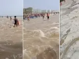 Los bañistas de la playa de Valdelagrana, en el Puerto de Santa María, Cádiz, se vieron sorprendidos este sábado por un pequeño 'mini-tsunami' que les obligó a salir corriendo, en algunos casos, ante el avance del agua.