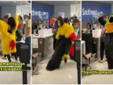 TikTok viral de una mujer poniéndose diferentes disfraces en el aeropuerto.