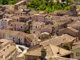 Aerial view of a medieval town with its old tiled roofs and narrow streets. Sepulveda Castilla.