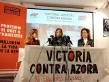 Rueda de prensa de Silvia Torres, inquilina demandante, Carme Arcarazo, portavoz del Sindicat de Llogateres y Monste Serrano, abogada del Col&middot;lectiu Ronda.