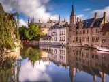 Long exposure Idyllic blurred Rozenhoedkaai at sunrise &ndash; Bruges medieval old town - Belgium
