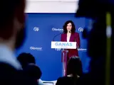 La presidenta regional y líder del PP en la Comunidad de Madrid, Isabel Díaz Ayuso, este lunes en Génova.