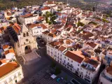 Aerial panoramic view of Elvas sity with main square and cathedral, Portugal
