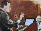En este boceto de la sala del tribunal, el abogado defensor de Donald Trump, Joe Tacopina, a la izquierda, presenta sus argumentos finales al jurado