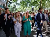 La vicepresidenta Yolanda Díaz junto a Alejandra Jacinto, Roberto Sotomayor y Jesús Santos, candidatos de Podemos e IU en la Comunidad de Madrid, la ciudad de Madrid y Alcorcón, respectivamente.