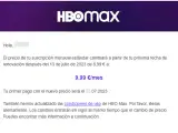 El mail enviado por HBO Max a un usuario informando de la peque&ntilde;a subida en el plan mensual est&aacute;ndar