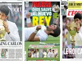 Las portadas de The Telegraph, Marca y L'Equipe sobre la victoria de Alcaraz en Wimbledon ante Djokovic.