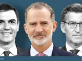 Cartela del rey con Pedro S&aacute;nchez y Alberto N&uacute;&ntilde;ez Feij&oacute;o