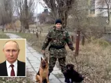 Vitaly Brizhatiy, con dos perros. Insertada, una imagen de Vladimir Putin.