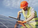 Un operario monta una planta solar.