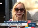 Carmen Lomana atiende a los medios tras el robo en su casa.