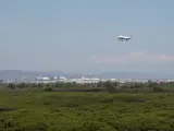 Un avión sobrevuela los parajes naturales del Delta del Llobregat camino del aeropuerto.