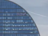 Fachada del banco del BBVA en la ciudad del BBVA, a 10 de abril de 2023, en Madrid (España).