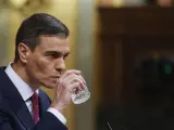 El secretario general del PSOE y presidente del Gobierno en funciones, Pedro S&aacute;nchez, bebe agua durante su intervenci&oacute;n ante Congreso
