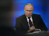 El presidente ruso, Vladímir Putin, durante su rueda de prensa anual en directo con medios rusos y extranjeros.