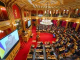 El Parlamento de Noruega durante una intervención del presidente de Ucrania, Volodymir Zelensky