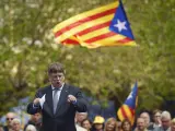 El candidato de JxCat y expresidente de la Generalitat, Carles Puigdemont, este s&aacute;bado un acto en Elna, en el sur de Francia.