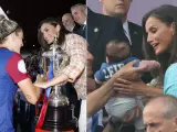 La reina Letizia entreg&aacute;ndole el trofeo de Copa de la Reina a Alexia Putellas; y la reina Letizia cogiendo a un beb&eacute; en brazos.
