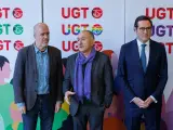 (I-D) El secretario general de CCOO, Unai Sordo; el secretario General de UGT, Pepe &Aacute;lvarez; y el presidente de la CEOE, Antonio Garamendi