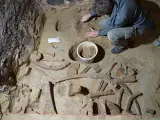 Expertos del Instituto Arqueológico Austriaco trabajan en la extracción y análisis de huesos de un mamut de hasta 40.000 años de antigüedad encontrados en una bodega subterránea.