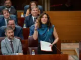 MADRID, 23/05/2024.- La presidenta de la Comunidad, Isabel Díaz Ayuso, interviene durante el pleno de la Asamblea de Madrid este jueves. La Asamblea de Madrid debate la modificación del Estatuto de Autonomía, promovida por Más Madrid y PSOE, para eliminar la palabra minusválido, una iniciativa que el Partido Popular rechaza por pretender unirla a otras modificaciones del texto. EFE/Fernando Villar