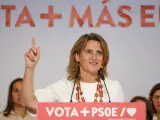 La candidata del PSOE al Parlamento Europeo Teresa Ribera, durante su intervención este domingo en un acto de campaña en Las Palmas de Gran Canaria.