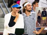 Paula Badosa y Stéfanos Tsitsipas, durante un partido de dobles y en Roland Garros.